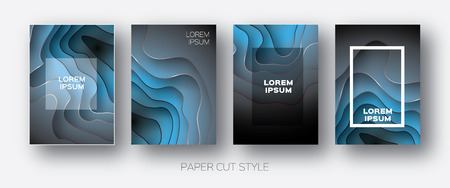 Paper Cut Wave Shapes. Layered curve Origami design for business presentations, flyers, posters. Set of 4 vertical banners. 3D abstract map carving. Text. Frame. Black.Blue. Vectorのイラスト素材
