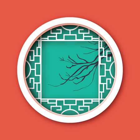Paper cut Chinese traditional window. Origami round frame. Cherry branch. Vector illustration.のイラスト素材