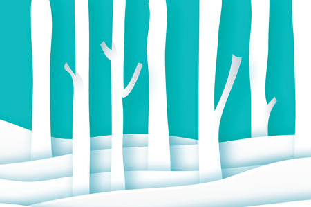 Paper cut Birch trunks in forest. Nature landscape. Merry Christmas Greeting card. Origami winter season. Happy New Year.のイラスト素材