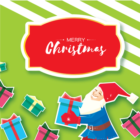 Christmas cartoon of Santa Claus holding a Gift box with bow. Paper Cut Merry Christmas Greeting card. Origami Winter season. Happy New Year. Space for text. Green background. Vector artのイラスト素材