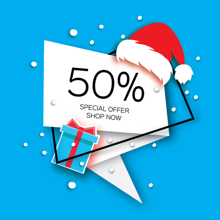 Modern Merry Christmas paper cut sale banner. Santa Claus Red Hat. Special offer, 50 percents discount. Origami Label tag. Shop now. Text. Happy New Year. Blue background. Vectorのイラスト素材