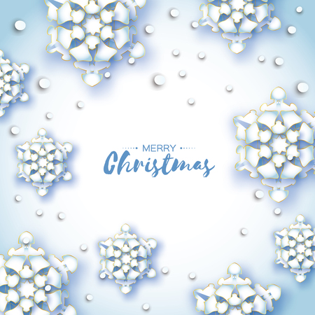 Origami Snowfall. Merry Christmas Greetings card. White Paper cut snow flake. Happy New Year. Winter snowflakes background. Space for text. Holidays. White background. Vectorのイラスト素材