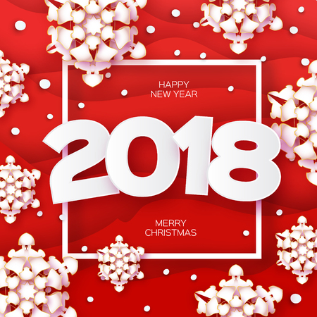 2018 Happy New Year Background. Red Greetings Card for Christmas invitations. Paper cut snow flake. Paper cut Winter snowflakes Square frame. Text. Origami Mountains. Landscape. Vectorのイラスト素材