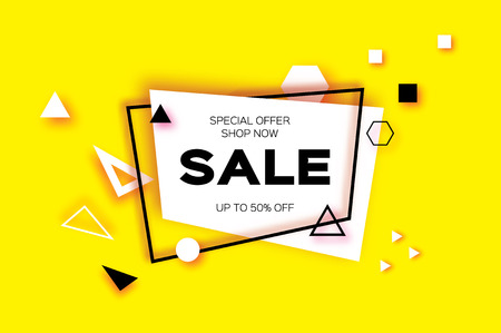 Sale. Trendy Geometric elemets and frame in paper cut style. Discount. For brochure, flyer or presentations design. Simple geometry. Yellow background. Vectorのイラスト素材