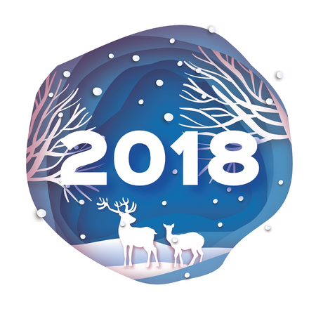 2018 Happy New Year Background. Deer couple in forest. Wild nature. Greetings Card for Christmas invitations. Paper cut snow flake. Circle cave frame. Text. Origami Mountains. Blue. Vectorのイラスト素材