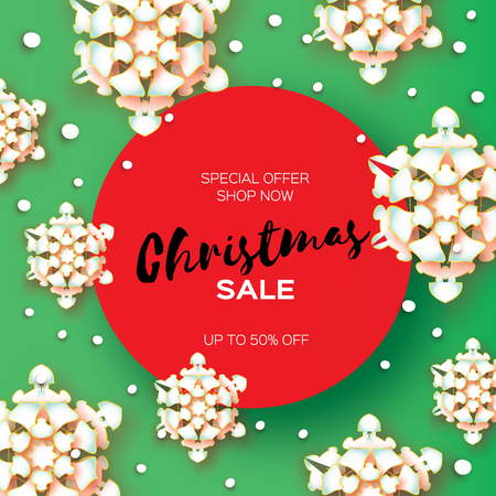 Origami Christmas Greetings card. Paper cut snow flake. Happy New Year. Winter snowflakes background. Happy New Year. Circle frame. Space for text. Green background. Vectorのイラスト素材