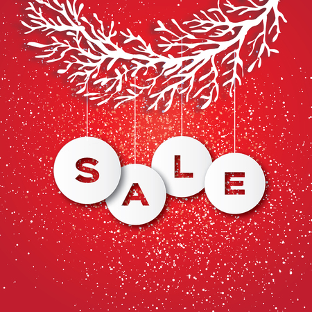 Christmas Sale for Promotion. Discount. Paper cut Baubles, Carve tree branch. Sale text in baubbles. Happy New Year. Blue. light red background. Vectorのイラスト素材