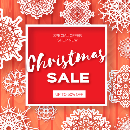 Christmas Sale for Promotion. Discount. Paper cut Snowflakes banner. Origami Decorations. Snowy winter season. Happy New Year. Square Frame. Text. Snowfall. Red background. Vectorのイラスト素材