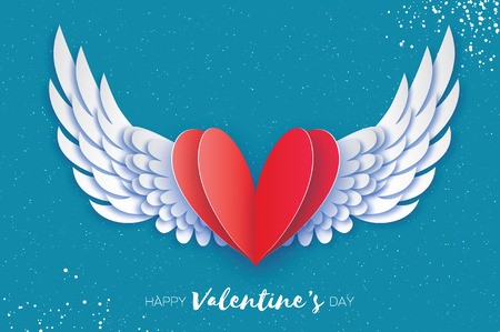 Happy Valentines Day Greetings card. Origami angel wings and romantic red heart. Love. Winged heart in paper cut style. Blue sky background.のイラスト素材