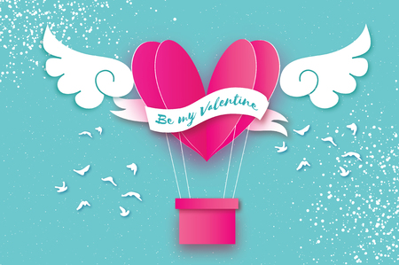 Heart shape Pink hot air balloon flying. Love in paper cut style. Origami heart and angel wings. Winged heart. Happy Valentine day. Ribbon tape for text. Birds. Romantic Holidays. 14 February.のイラスト素材