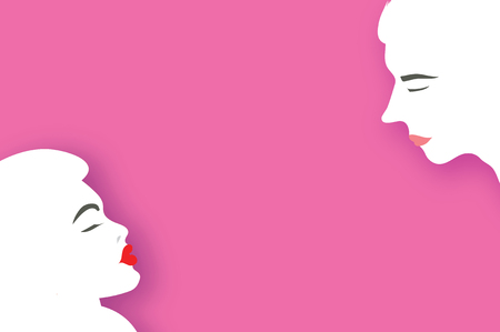 Cute Loving couple. Kissing. People profile. Man and woman. Holidays and celebration on pink. Happy Valentine's Day. Love day in paper cut style. Vector.のイラスト素材