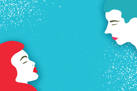 Cute Loving couple. Kissing. People profile. Beautiful Man and redhair woman. Holidays and celebration on blue. Happy Valentines Day. Love day in paper cut style. 14 february.の写真素材