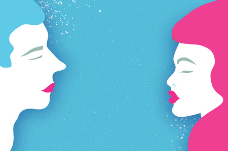 Cute loving couple, kissing. People profile. Beautiful man and pink hair woman. Holidays and celebration on blue. Happy Valentines Day. Love day in paper cut style.のイラスト素材