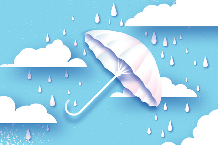 White umbrella. Air with raining. Origami rain drop. Rainy weather. Protection and safety. Parasol on blue. Cloudy sky. Happy monsoon season.のイラスト素材