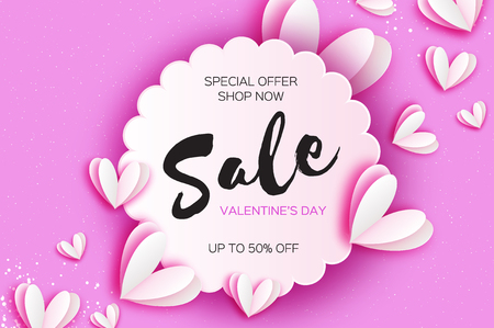 Valentine's day sale offer, banner template. White heart in paper cut style on pink background. Circle wave frame. Text. Shop market poster design. Romantic Holidays. Love. 14 February. Vectorのイラスト素材