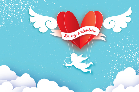 Flying Cupid - little angel. Love Pink Heart in paper cut style. Origami boy - Cherub. Red hot air balloon flying. Love, angel wings on blue sky. Happy Valentine day. Romantic Holidays. 14 February. Vector.のイラスト素材