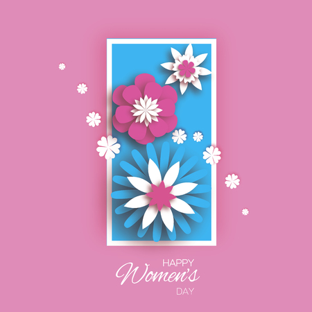 Minimalistic 8 March. Origami Happy Women's Day. Floral Greeting Card. Paper cut Pink Blue Flowers. Rectangle vertical frame.のイラスト素材