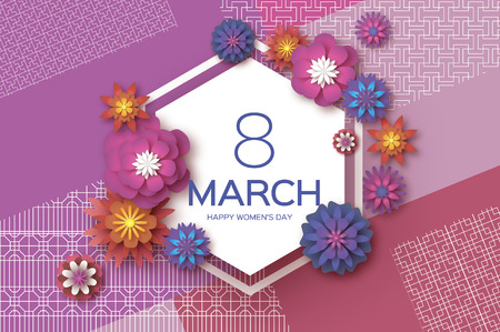Purple 8 March. Gold Purple Happy Women's Day. Mother's Day. Paper cut Floral Greeting card. Origami flower. Text. Hexagon frame. Spring blossom. Seasonal holiday.Modern paper decoration. traditional pattern.のイラスト素材