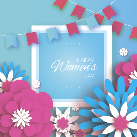 Pink Blue Happy Women's Mother's Day. 8 March. Floral Greeting Card. Paper cut Flowers. Origami flower. Flags.Square frame. Text. Spring blossom. Seasonal holiday on sky blue. Traditional paper decoration. Vector illustration.のイラスト素材