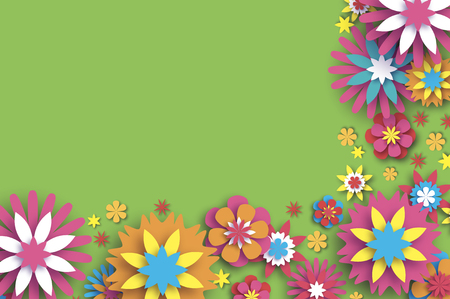 Colorful Floral Card. Paper cut Flowers Border Composition. Origami Daisy Rose flower. Text. Spring Peony blossom. Seasonal holiday on green. Modern paper decoration.のイラスト素材