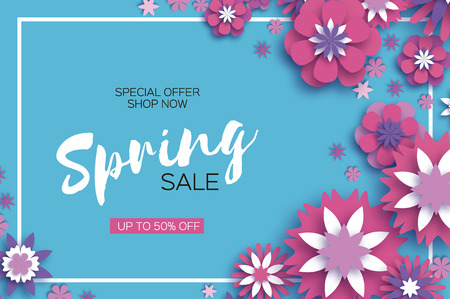 Sale. Origami Spring Pink Flowers Banner. Paper cut Floral Greetings card. Spring blossom. Rectangle frame. Happy Women s Day. 8 March. Text. Seasonal holiday on blue. Trendy decor. Vector.のイラスト素材