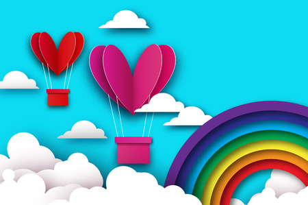 Heart shape Pink hot air balloon flying. Love in paper cut style. Origami Valentine day. Romantic Holidays. 14 February. Be my valentine. Blue sky with origami clouds and rainbow. Vectorのイラスト素材
