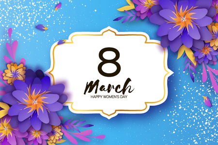 Bright Violet Origami Flowers. Happy Womens Day. 8 March. Trendy Mothers Day. Paper cut Exotic Tropical Floral Greetings card. Spring blossom on blue. Rectangle frame. Text. Holidays. Modern decor.のイラスト素材