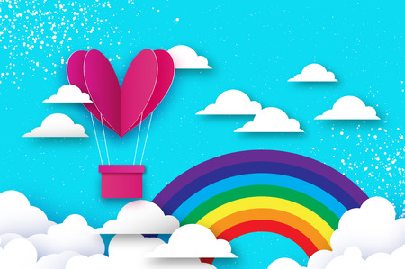 Heart shape Pink hot air balloon flying. Love in paper cut style. Origami Valentine day. Romantic Holidays. 14 February. Be my valentine. Blue sky with origami clouds and rainbow.のイラスト素材