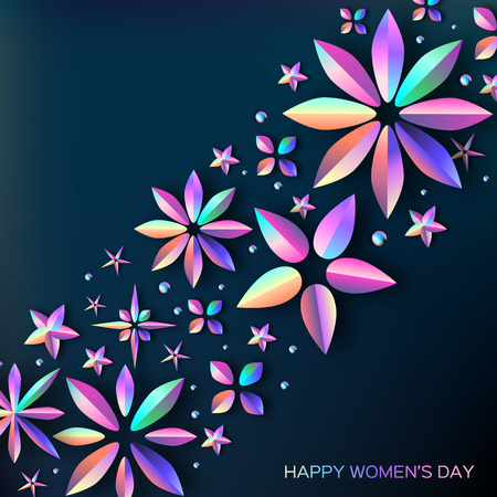 Bright Holographic Flowers. Happy Women's Day. International 8 March. Trendy Mothers Day. Modern Paper cut Futuristic Floral Greetings card.のイラスト素材