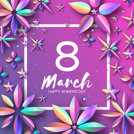 Bright Violet Holographic Flowers. Happy Womens Day. International 8 March. Trendy Mothers Day. Modern Paper cut Futuristic Floral Greetings card. Spring blossom decor. Square frame. Text. Holidaysのイラスト素材