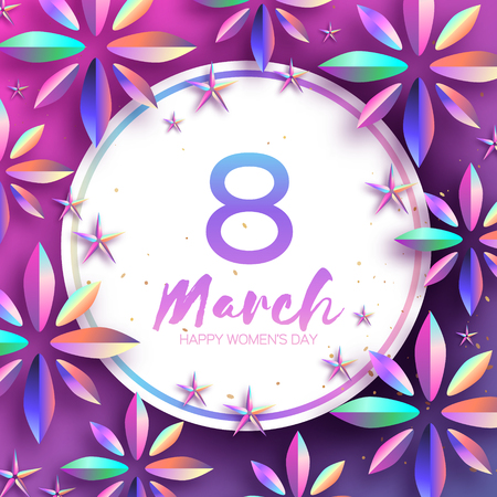 Bright Violet Holographic Flowers. Happy Womens Day. International 8 March. Mothers Day. Modern Paper cut Futuristic Floral Greetings card. Spring blossom decor on pink. Circle frame. Text. Holidays.のイラスト素材