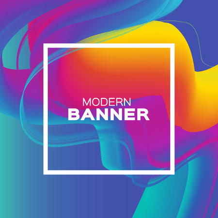 Fluid. Liquid Wave Poster. Colorful Smoke Shapes with Square frame. Space for text. Abstract Colorful Dynamic Effect on blue. Modern Template Banner.のイラスト素材