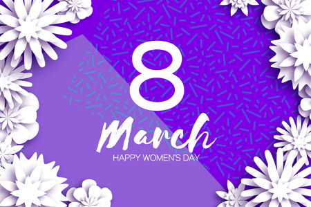 Bright White Origami Spring Flowers Banner. Paper cut Floral Greetings card. Spring blossom. Happy Womens Day. 8 March. Mothers Day. Text. Seasonal holiday on violet. Trendy decor. Vectorのイラスト素材
