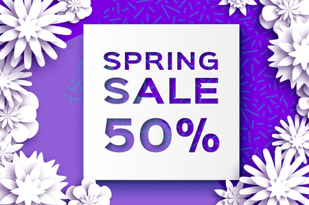 Origami White Spring Sale Flowers Banner. Paper cut Floral card. Spring blossom. Happy Women's Day. 8 March.のイラスト素材