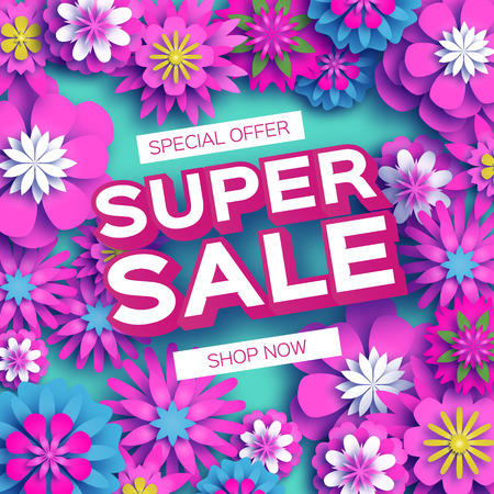 Origami Pink Super Spring Sale Flowers Banner.  vector illustration with colorful flowers on blue background.のイラスト素材