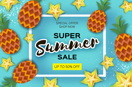 Pineappple and carambola. Ananas and starfruit Super Summer Sale Banner in paper cut style. Origami juicy ripe slices. Healthy food on blue. Square frame for text. Summertime.のイラスト素材