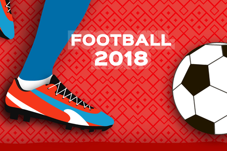 Football 2018 in paper cut style. Origami world championship on red background.のイラスト素材