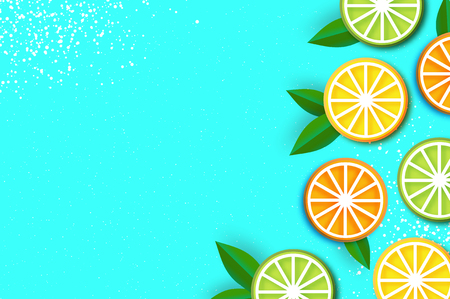 Lemon, lime, orange in paper cut style. Origami juicy ripe slices. Leaves. Healthy food on blue. Summertime.のイラスト素材