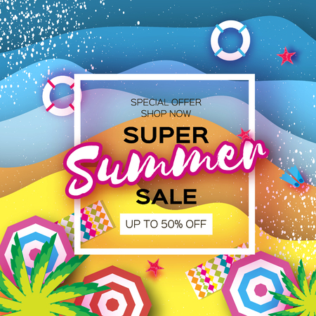Summer Sale in paper cut style. Origami Beach rest. Summer vacantion poster. Top view on colorful beach elements. Square frame. space for text.のイラスト素材