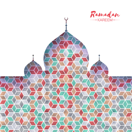 Ramadan Kareem. Orange Ornamental Arabic pattern with Mosque in paper cut style.のイラスト素材