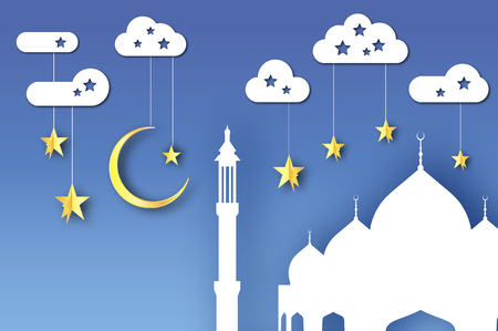 Ramadan Kareem. Arabic white Mosque, clouds, gold stars in paper cut style. Crescent Moon. Holy month of muslim. Symbol of Islam. Origami Greeting card on sky blue.のイラスト素材