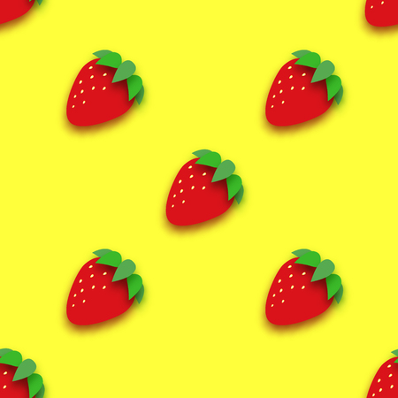 Red Strawberry seamless pattern in paper cut style. Origami Healthy food on yellow. Summertime.のイラスト素材