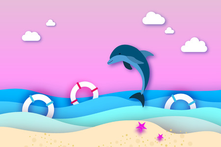 Jumping dolphins in the sea and beach illustrationのイラスト素材
