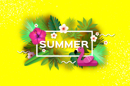 Pink Flamingo float. Pink hibiscus flower. Tropical Summer Day.Summer holidays on yellow. Palm leaves, plants, flowers frangipani - Plumeria. Paper cut art. Rectangle frame. Text.のイラスト素材