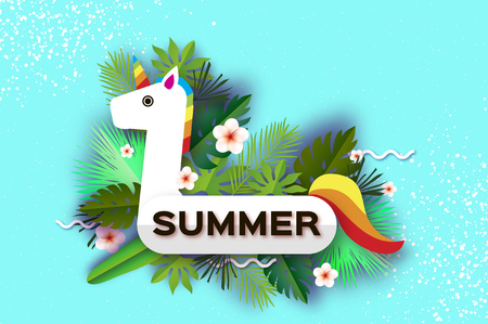 Giant inflatable Fantasy Unisorn in paper cut style. Origami Pool float toy. Tropical Summer Palm leaves, plants, flowers frangipani - Plumeria. Exotic Paper cut art. Hawaiian.のイラスト素材