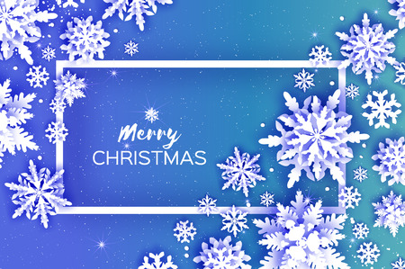 Merry Christmas and Happy New Year Greetings card. White Paper cut snowflakes. Origami Winter Decoration background. Seasonal holidays. Snowfall. Rectangle frame. Space for text. Blue. Vectorのイラスト素材