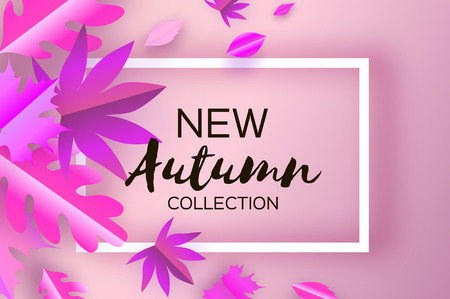 Magenta Autumn Paper Cut Leaves. New Autumn collection. September flyer template. Rectangle layered cave tunnel frame. Space for text. Origami Foliage. Maple, oak. Fall poster. Vectorのイラスト素材