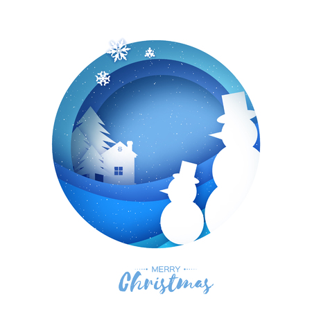 Snowman. Origami paper cut snow design. Merry Christmas and Happy New Year. Origami Winter Landscape. Village, City Urban Countryside, forest in paper cut style. Holidays. Vectorのイラスト素材