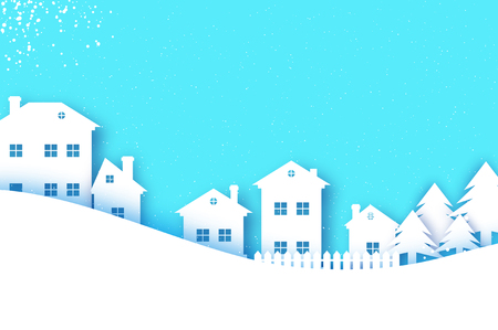 Merry Christmas and Happy New Year Greetings card. Origami Winter Snow Landscape Village with blue sky. City Urban Countryside with forest in paper cut style. Holidays. Vector.のイラスト素材