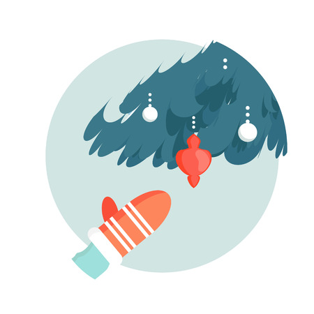 Merry Christmas and Happy New Year Greetings card. People hand decorating Christmas tree with orange ball. Winter holidays. Vector.のイラスト素材
